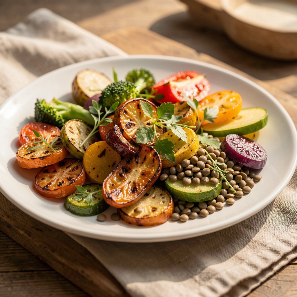 Assiette colorée de légumes rôtis, lentilles et herbes fraîches photographiée à la lumière du matin