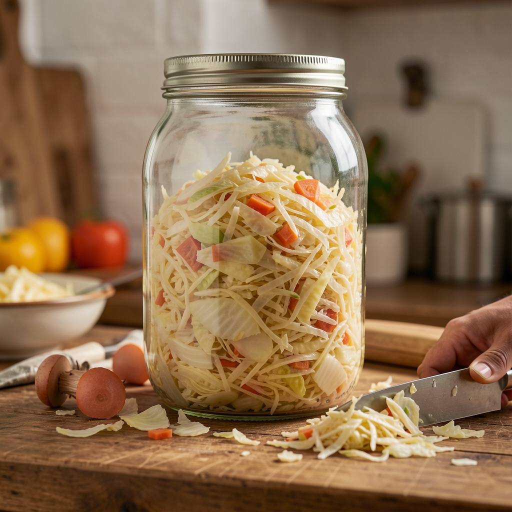 Mains préparant de la choucroute crue dans un grand bocal en verre sur un plan de travail en bois