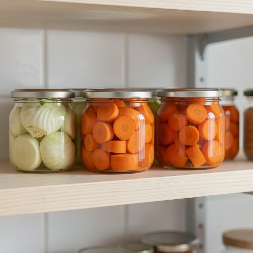 Petits bocaux de légumes fermentés, chou et carottes sur une étagère de cuisine claire