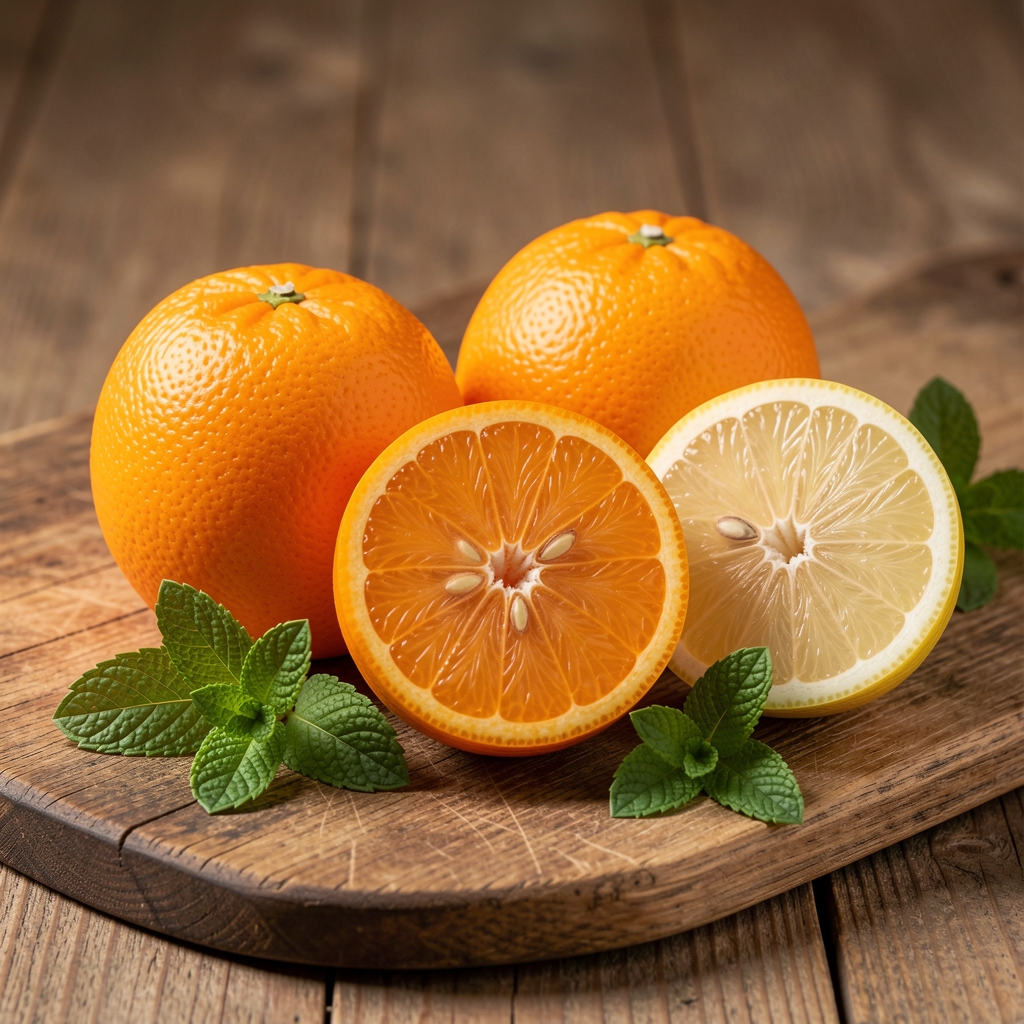 Oranges sanguines et citrons coupés en deux posés sur une planche en bois avec feuilles de menthe