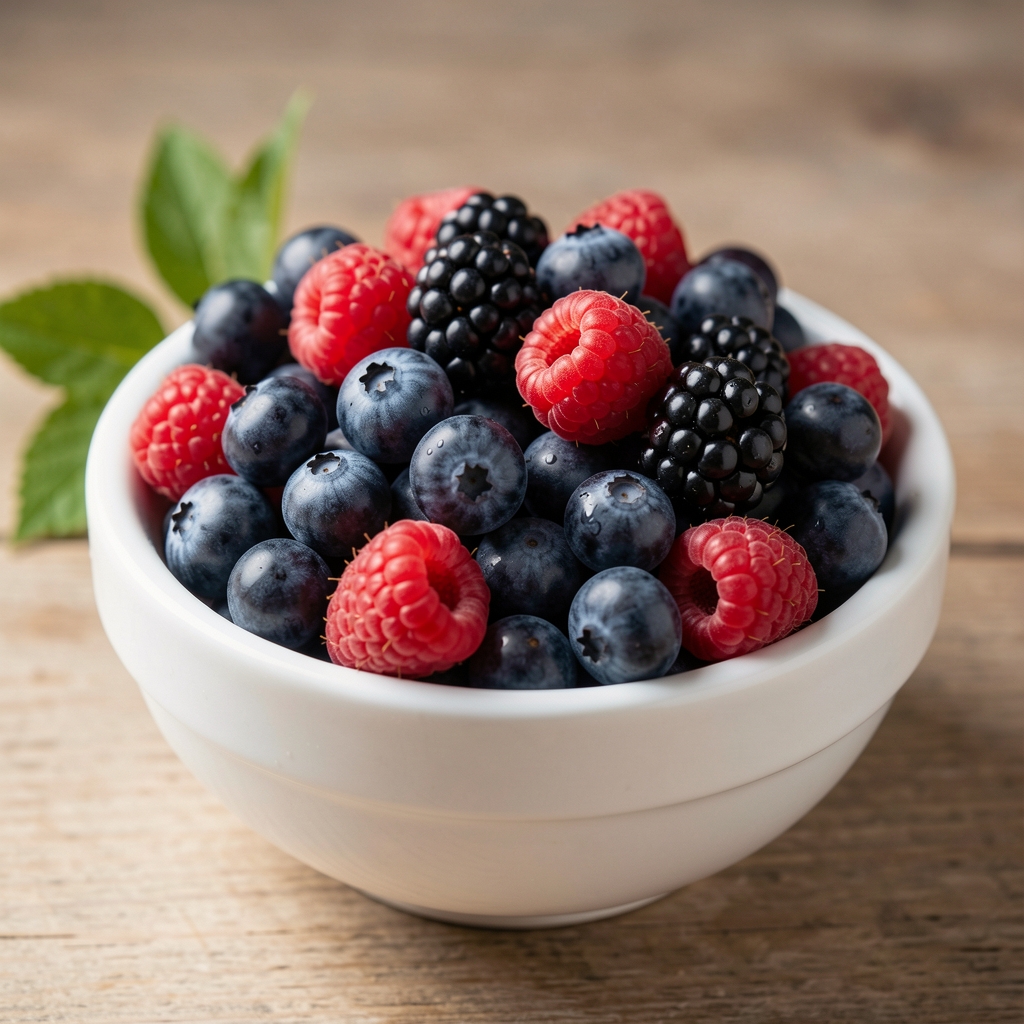 Bol en céramique blanche rempli de myrtilles, framboises et mûres fraîchement lavées