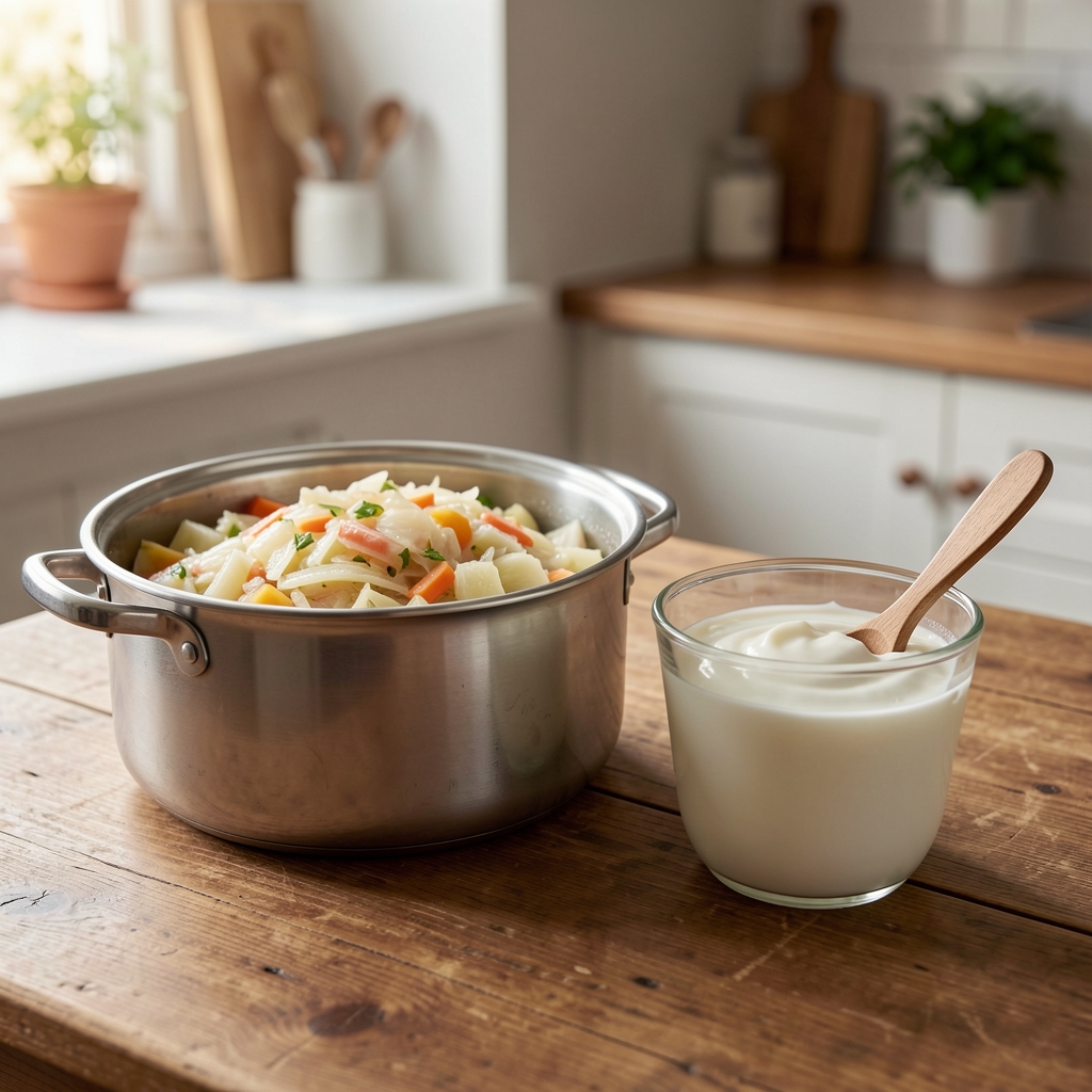 Pots en verre de choucroute maison et de yaourt nature avec cuillère en bois sur une table de cuisine