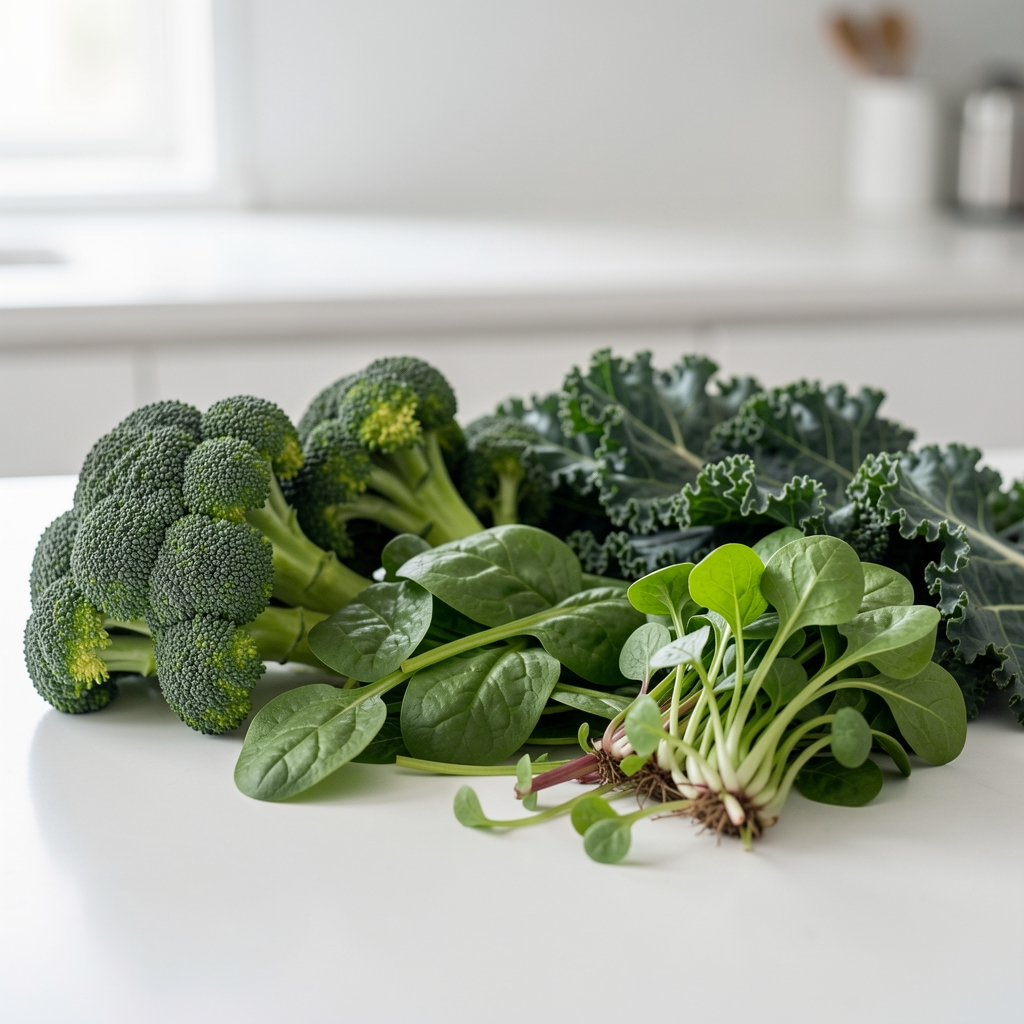 Assortiment de brocolis, épinards frais et jeunes pousses de chou kale sur un plan de travail clair