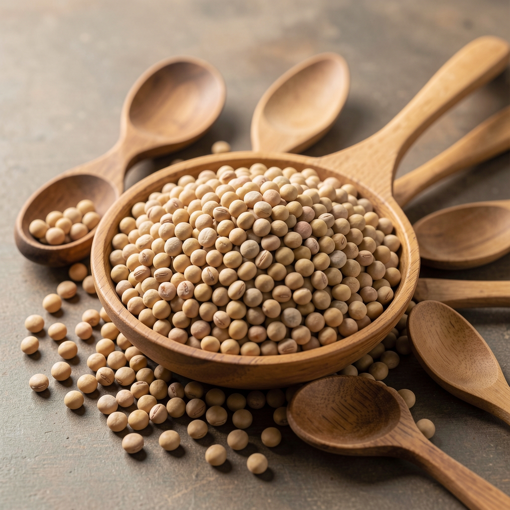 Bol de lentilles, pois chiches et haricots secs entouré de cuillères en bois
