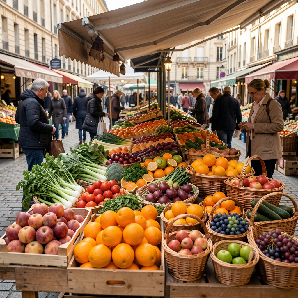 Étal de marché lyonnais garni de poireaux, de carottes de couleur et de fenouil