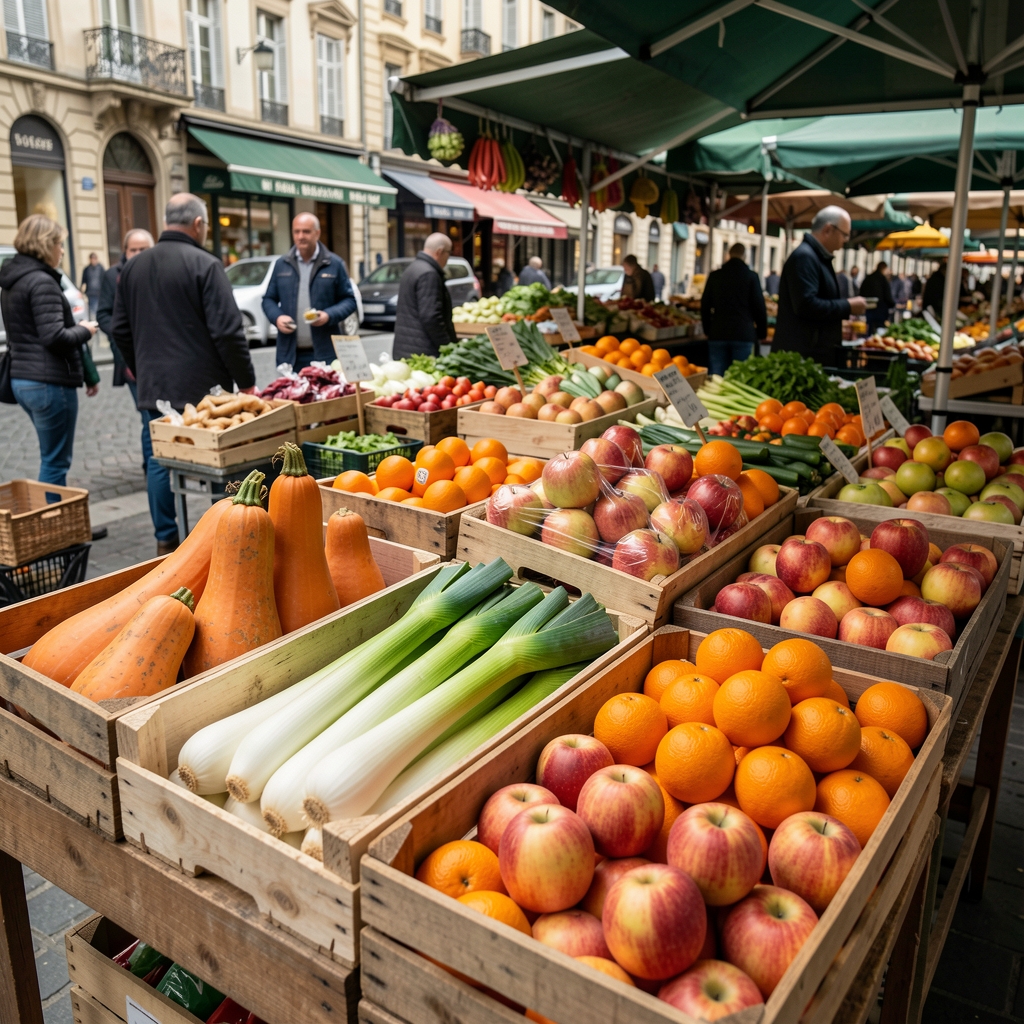 Étal de marché lyonnais avec courges, poireaux, pommes et agrumes de saison disposés dans des caisses en bois