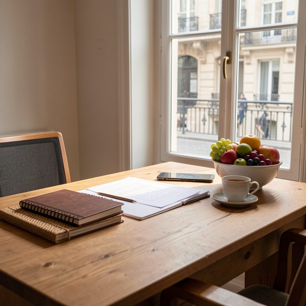 Table de travail lumineuse d’une rédaction à Lyon avec carnets, tasse de thé et bol de fruits frais près d’une fenêtre
