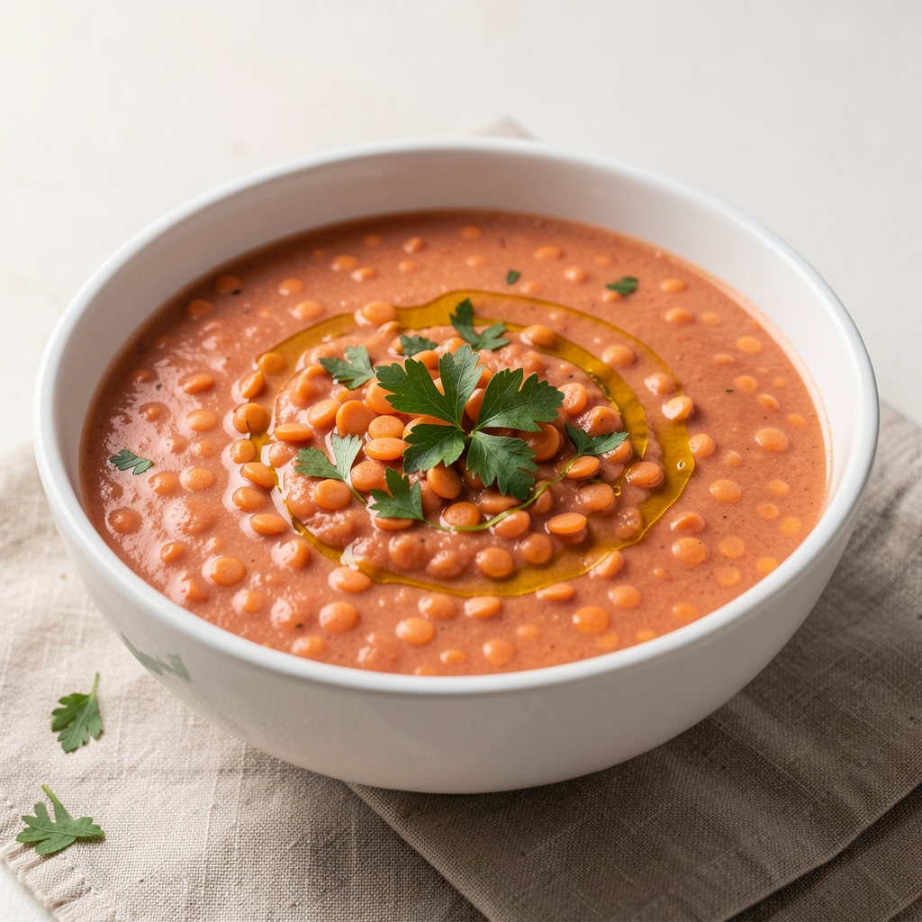 Soupe épaisse de lentilles corail dans un bol blanc avec des herbes fraîches et un filet d’huile d’olive