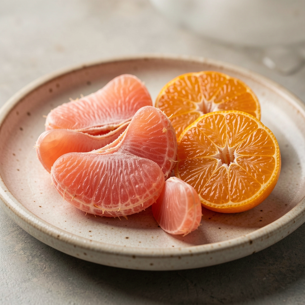 Gros plan sur des segments de pamplemousse rose et de mandarine sur une assiette en grès