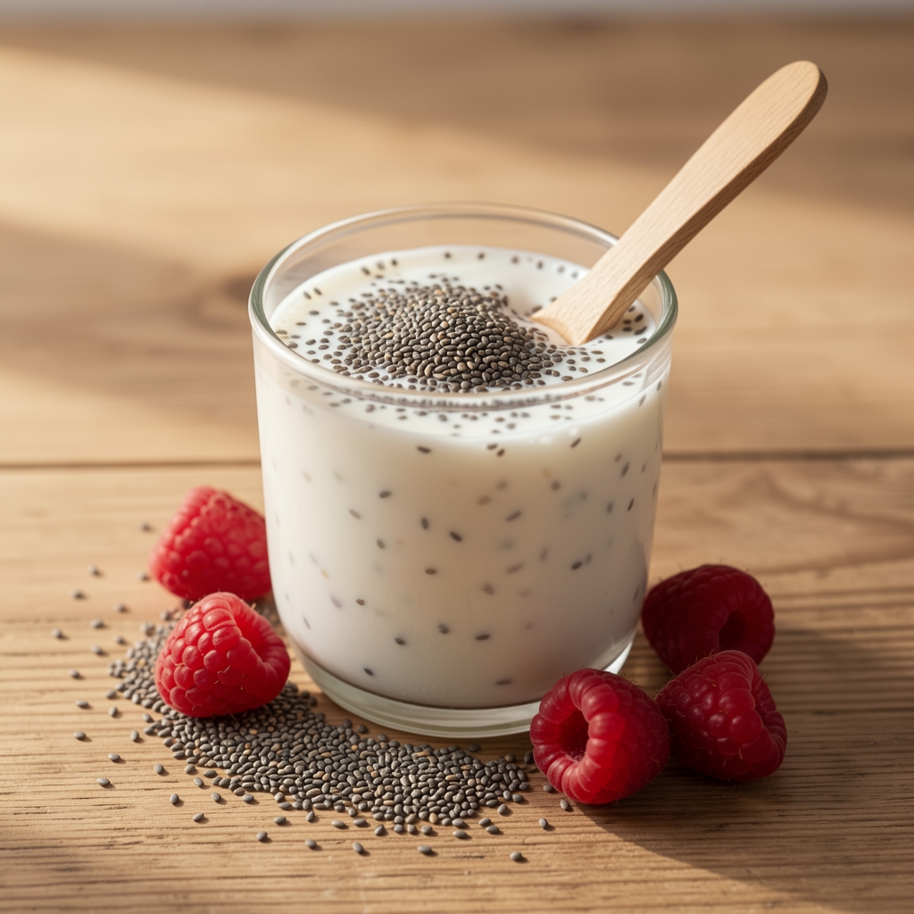 Bol de kéfir nature accompagné de graines de chia, de framboises et d’une cuillère en bois