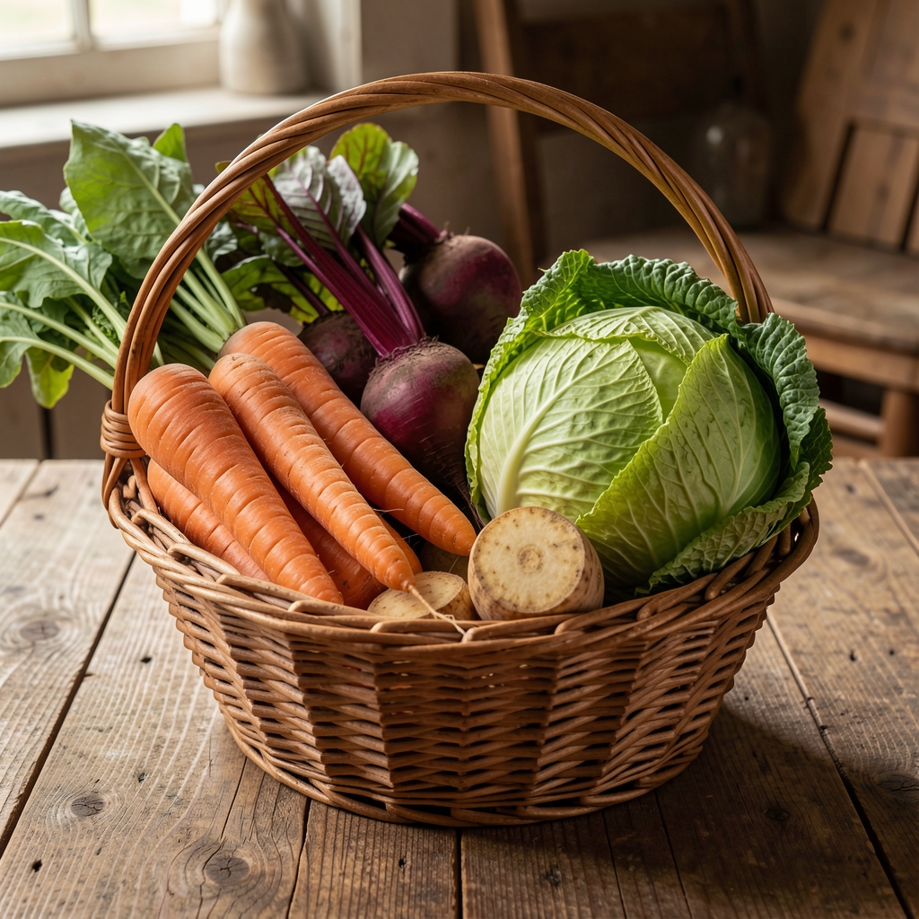 Panier en osier rempli de légumes d’hiver : carottes, betteraves, chou frisé et panais sur une table rustique